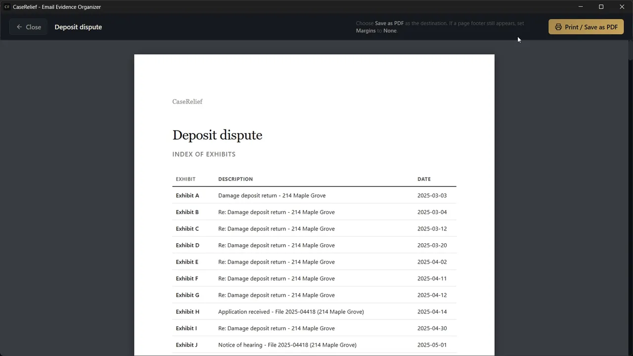 A CaseRelief exhibit binder titled Deposit dispute: an index of exhibits A to J with descriptions and dates